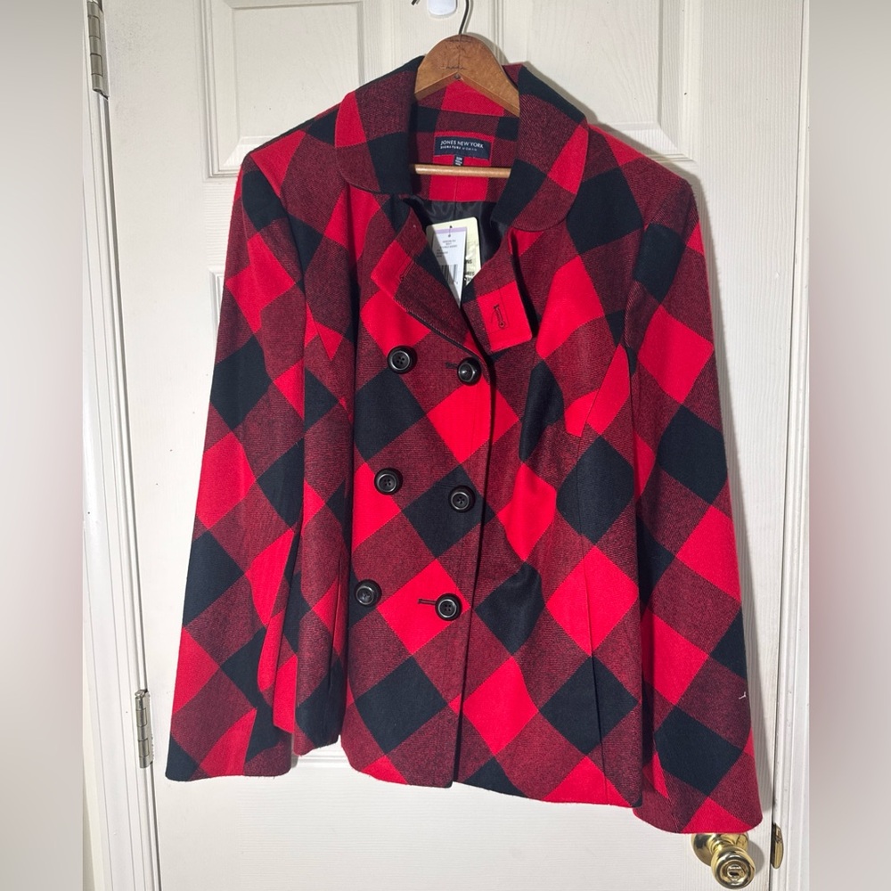 NWT Jones New York Red & Black Plaid Jacket Size 22 W Double Breasted Coat